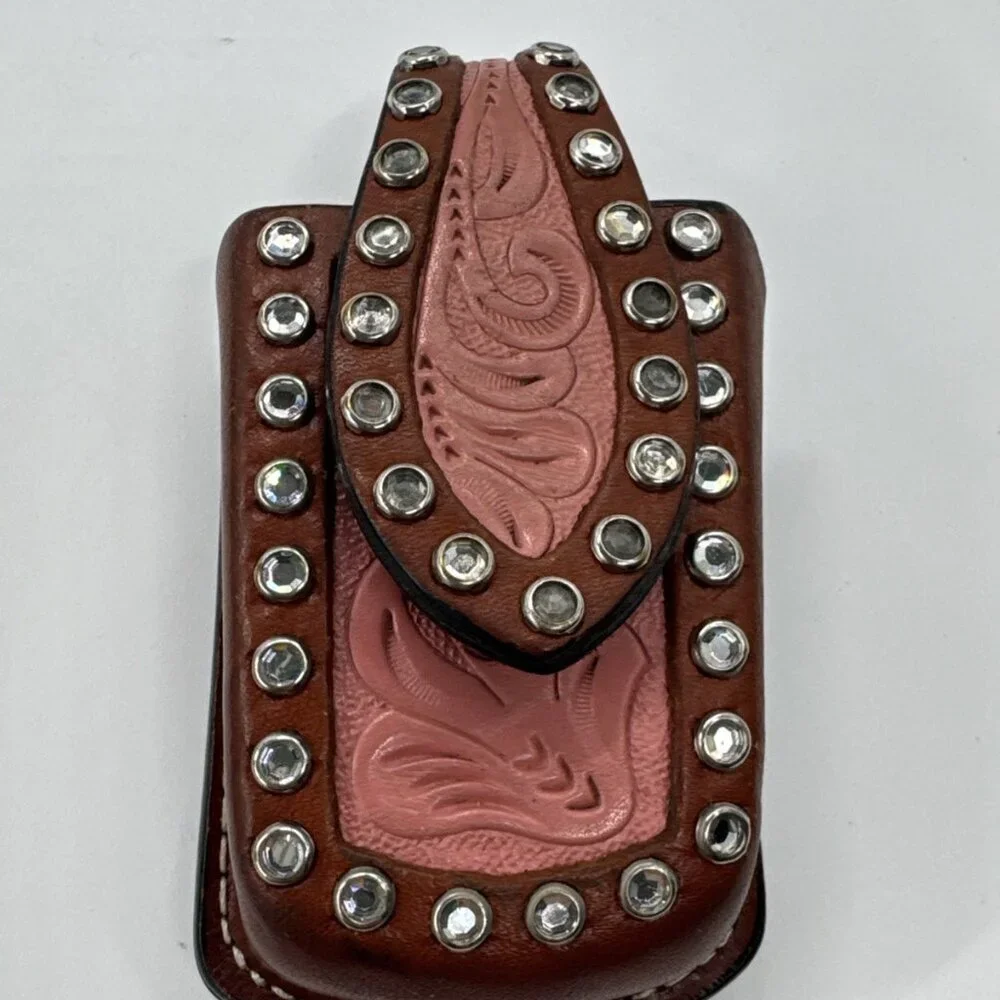 Hilason Hand Tooled Leather Bling Pink Western Cell Phone Case with Belt Clip